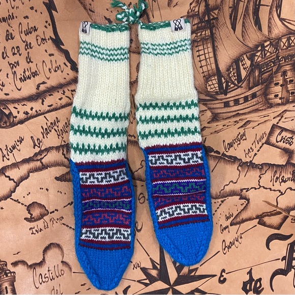 Handmade women wool knitted cream, blue, green slippers. Size S. NWT. - Picture 6 of 6